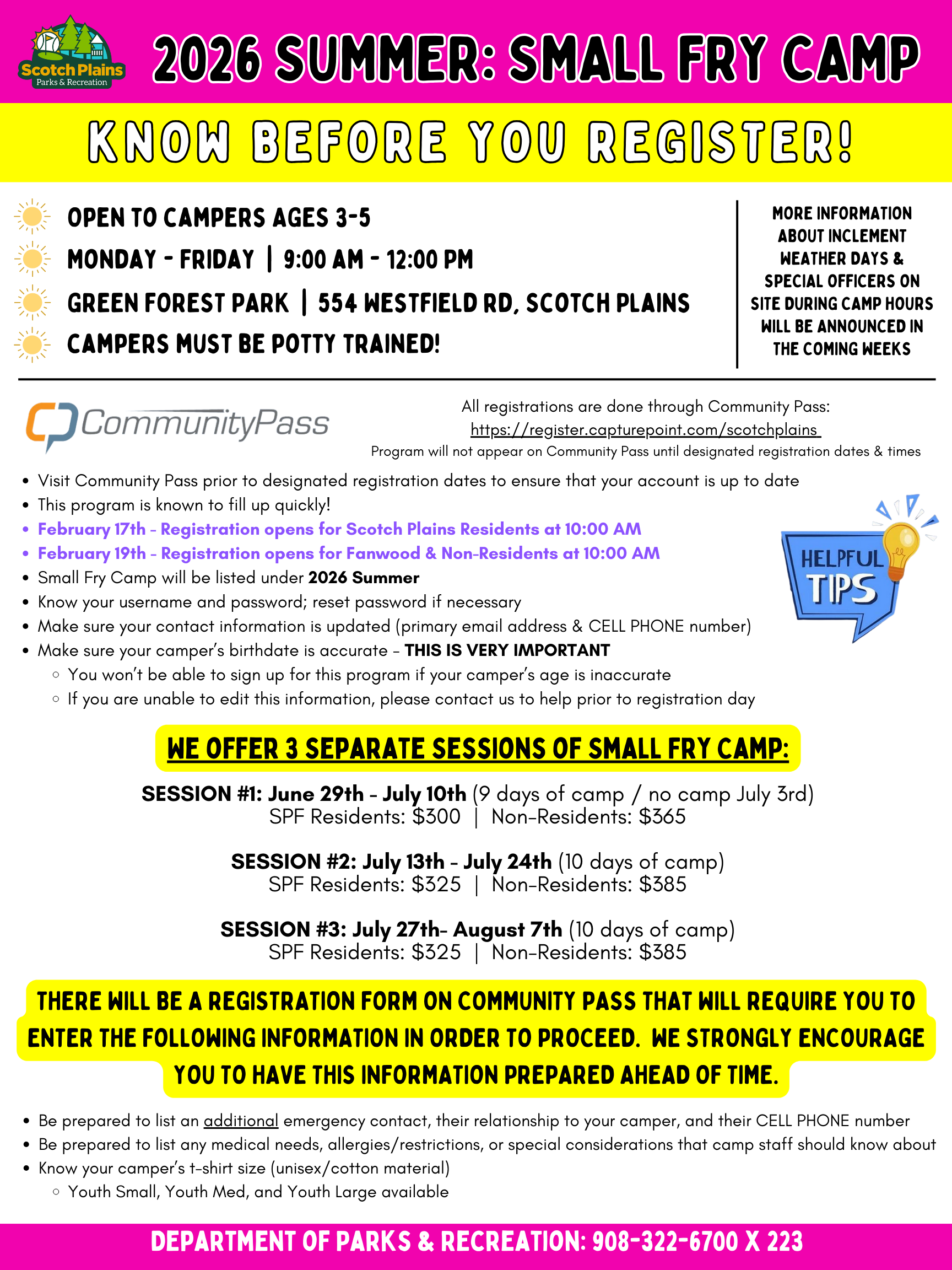 2026 Small Fry Camp Pre Reg Info